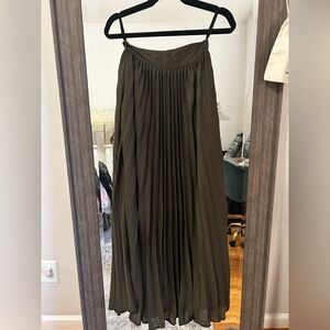 Ankle length Maxi pleated olive green chiffon high waisted skirt.